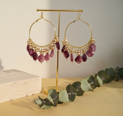 Golden Metal Hoop With Dark Rose Stone Look DB00391