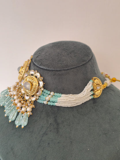 Royal Mint Green & Gold Kundan Choker Set | Includes Matching Earrings & Maang Tikka