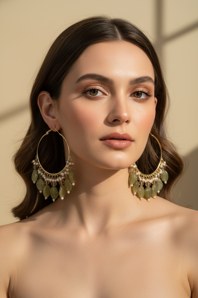 Golden Metal Hoop With Green Stone Look DB00390