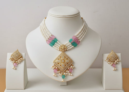 Traditional Necklace with Pastel Beads & Matching Earrings