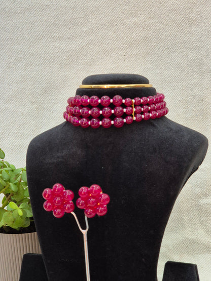 Elegant Red Pearl Necklace 3 Layer