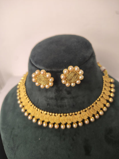 Gold Imitation Detailed Necklace with Earrings