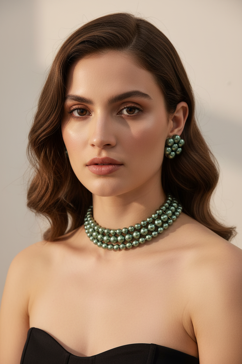 Bright Green Pearl 3 Layer With Earrings Choker Set