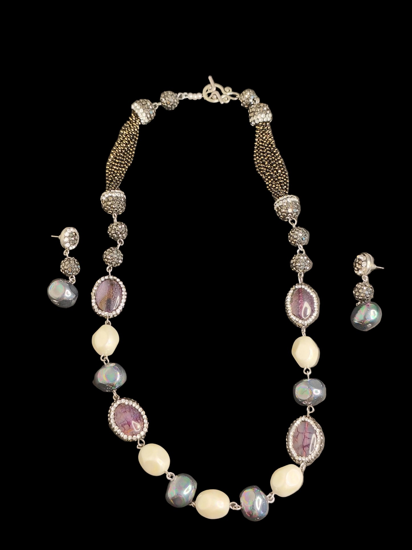Multi Purple & White Shade Stone With Matching Earrings
