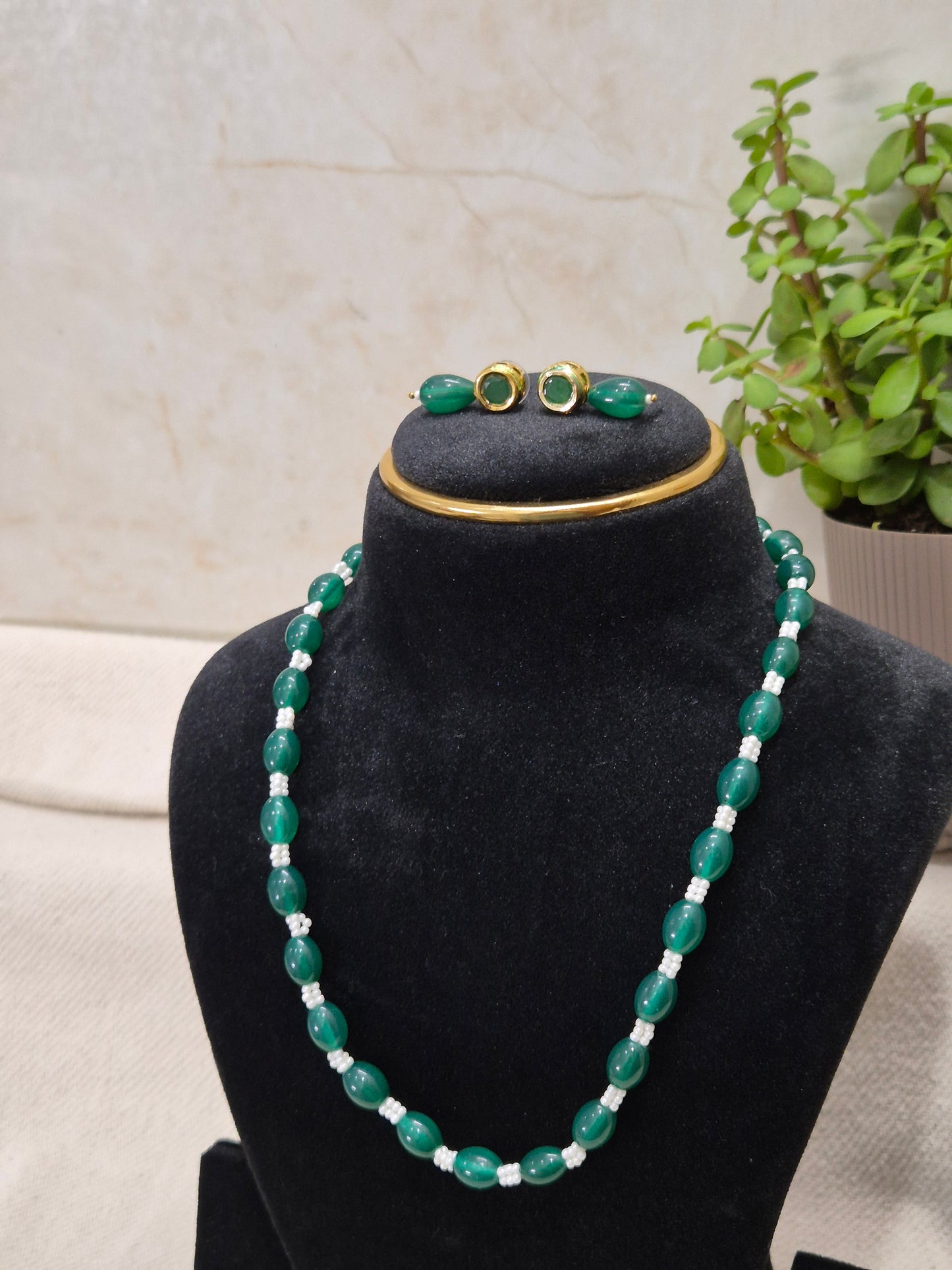 Elegant Green Drop & White Bead Necklace & Earring Set