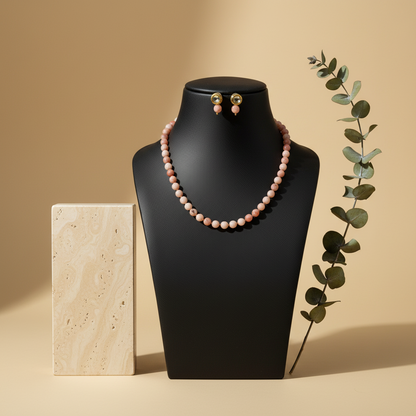 Peach Onyx Necklace With Metal Earrings