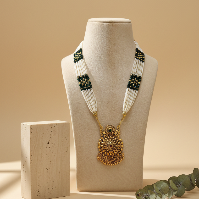 White & Bright Green Long Necklace