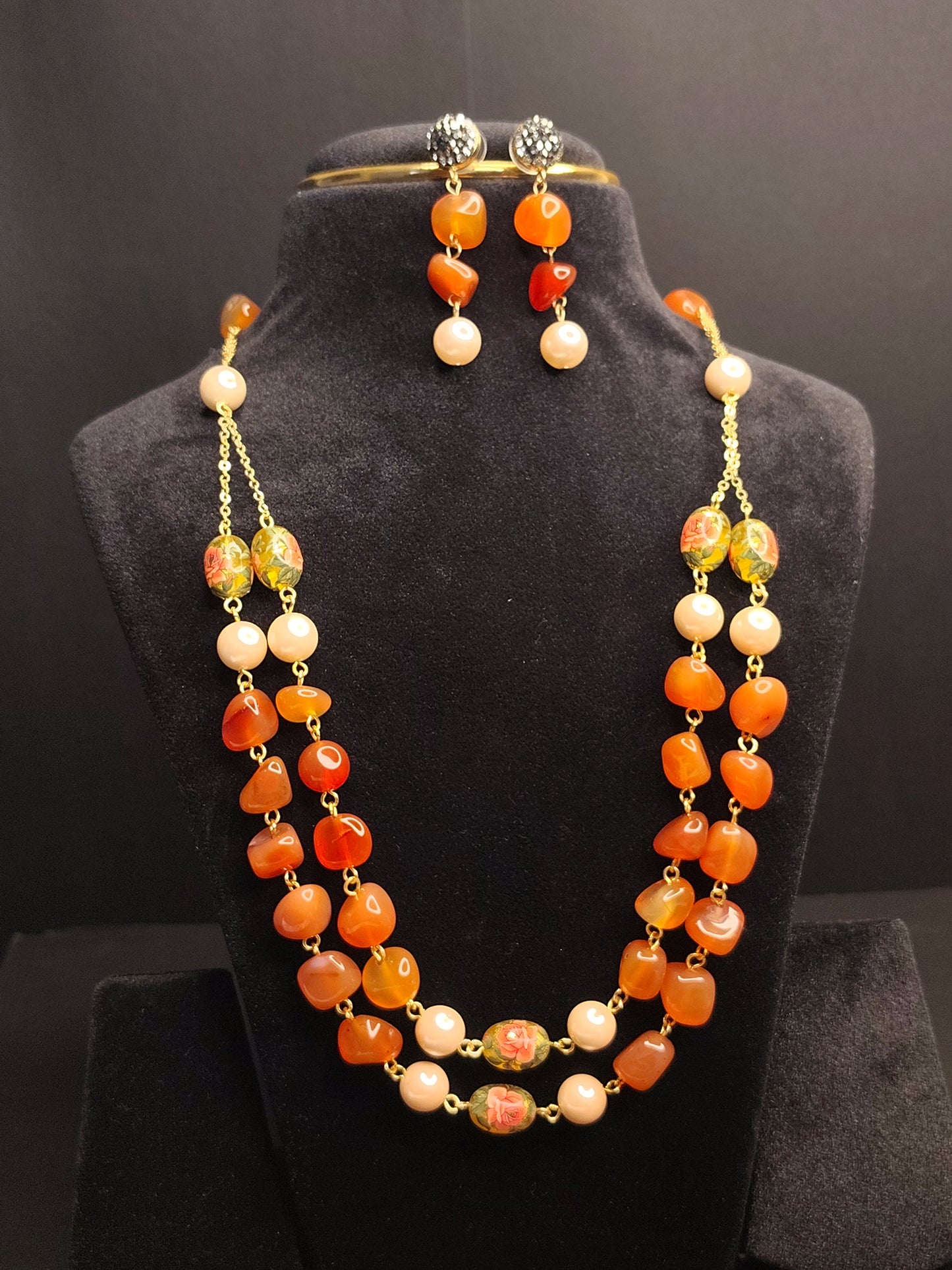 Orange Colour Beads Double layer Necklace With Matching Earrings