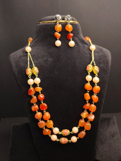 Orange Colour Beads Double layer Necklace With Matching Earrings