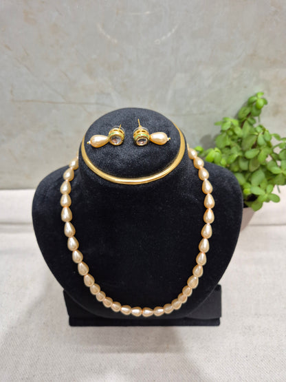 Golden Yellow Drop Pearl With Metal Earrings
