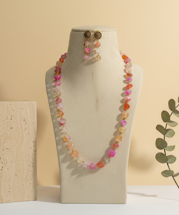 Pink Multi colour Stone Look Necklace & Earring Set DB00212