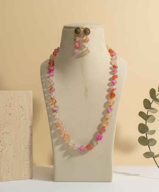 Pink Multi colour Stone Look Necklace & Earring Set