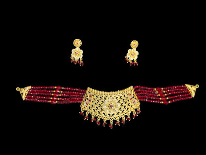 Red Golden Shade Choker With Matching Earrings