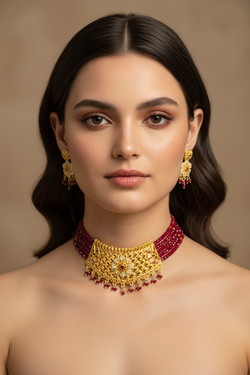 Red Golden Shade Choker With Matching Earrings