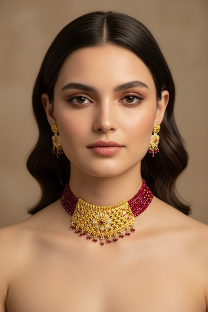 Red Golden Shade Choker With Matching Earrings