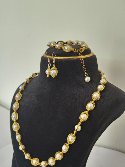White Pearls With Golden Round Metal - Necklace, Earrings, Bracelet -5 piece Set DB00380