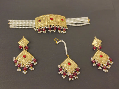 Red & Gold Imitation Choker Set with Earrings
