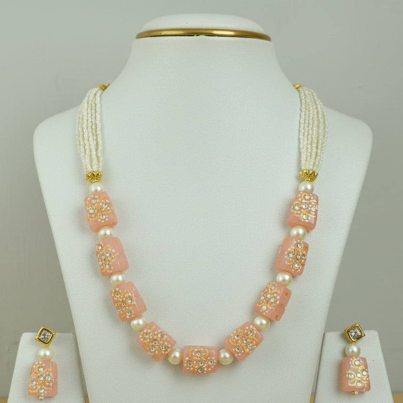 Ethereal Peach white Gold & Pearl Necklace With Matching Earings
