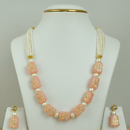 Ethereal Peach white Gold & Pearl Necklace With Matching Earings