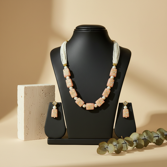 Ethereal Peach white Gold & Pearl Necklace With Matching Earings